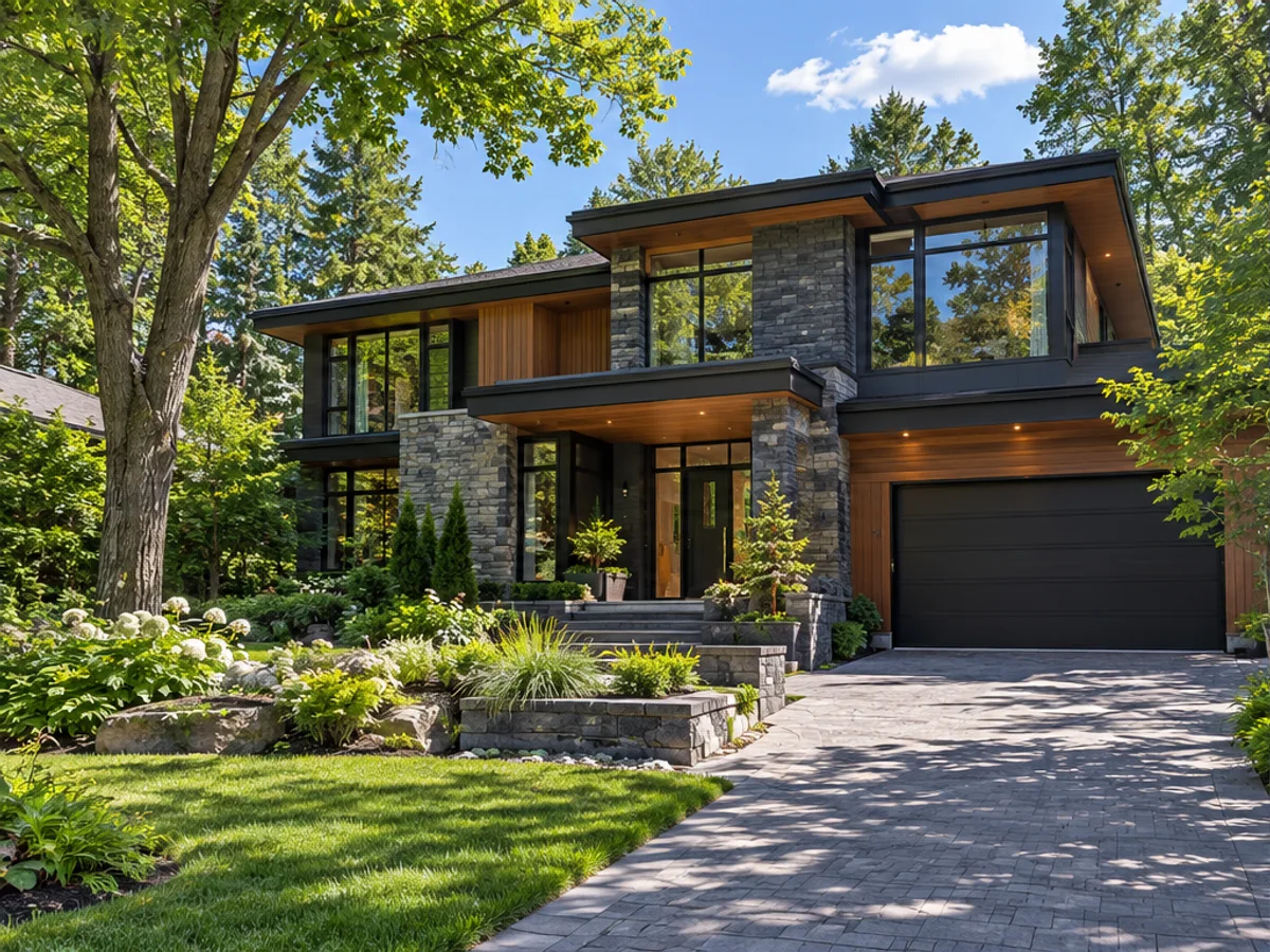 Modern two-storey home with stone facade, garage and landscaped front garden.