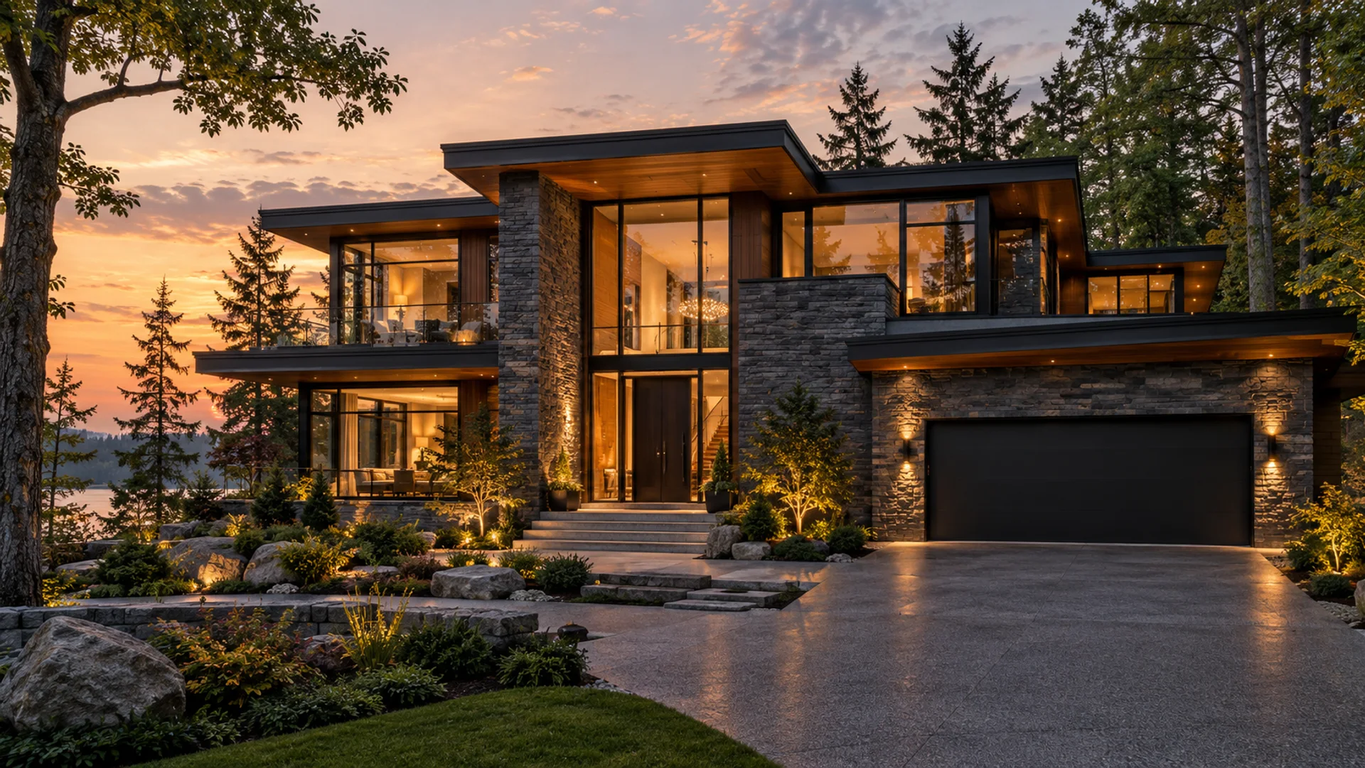 Modern two-storey home with illuminated windows and landscaped grounds at dusk.
