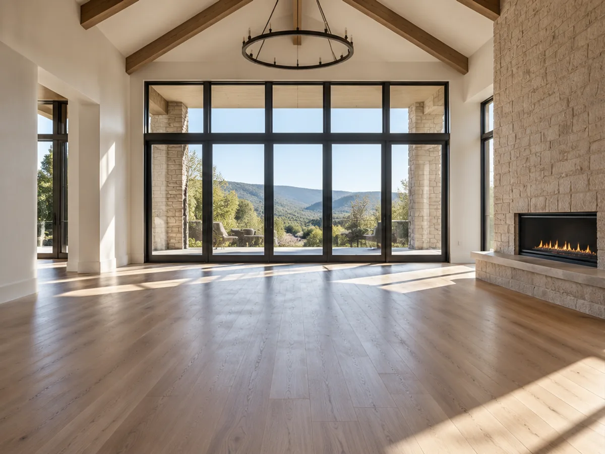 Unfurnished living room with exposed ceiling beams, large windows and a stone fireplace.